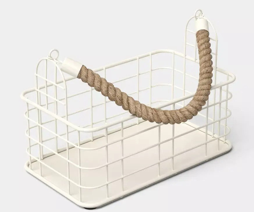 Wire Storage Basket with Natural Rope Handle, Farmhouse Organizer for Kitchen Counter Pantry Bathroom Vanity