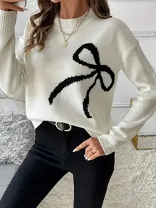Elegant Casual Knit Sweater for Spring & Fall, Womenswear Fashion Butterfly Knot Fit Long Sleeve Top, Warm Essential for Holidays and Travel Knitwear