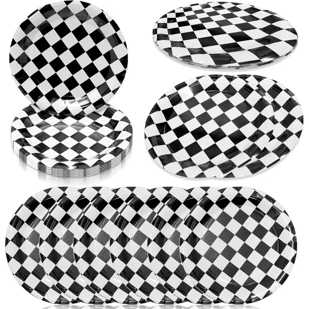 100 Pcs Race Car Plates 7" Black and White Checkered Paper Plates Disposable Dessert Dinner Plate for Race Fans Kids Race Car Themed Birthday Party Baby Shower Favors Supplies Multicolor