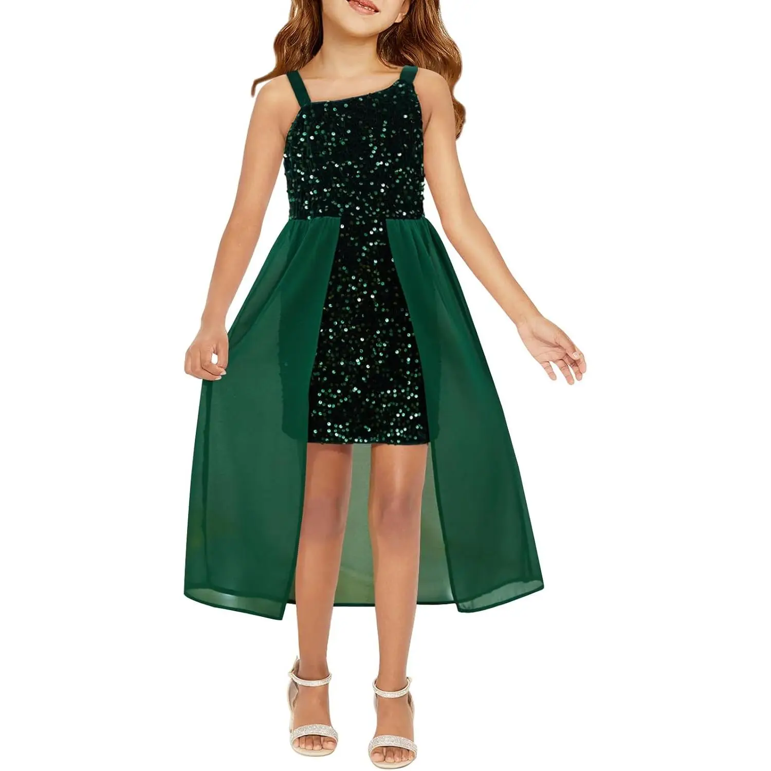 Haloumoning Girls Sequin Dress Kids Formal Sparkly One Shoulder Prom Party Dresses 4-14 Years