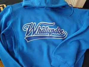 Whatupdoe Blue & White Sweatshirt Pullover Hoodie Menswear Casual Long Sleeve Heavyweight Twill Appliqué Recycled Polyester Blend