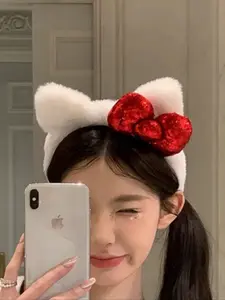 Tom's Cat Ear Plush Headband, Casual Photo Hair Accessories, Headband with Bow, Polyester Fiber, Suitable for All Seasons, Valentine's Day Gift