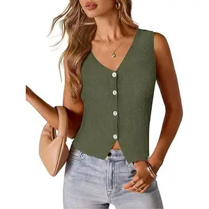MEROKEETY Women's Sleeveless Sweater Vest 2026 Spring Summer Knit Tank Casual V Neck Button Waistcoat Cardigan Regular Fit Soft Stretchy Fabric
