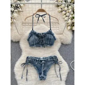 Retro Women Bikini Denim Suits Summer Halter Camis+ Mini Pant Lingerie Fashion Vacation Swimsuits Sexy Bra&Briefs Sets