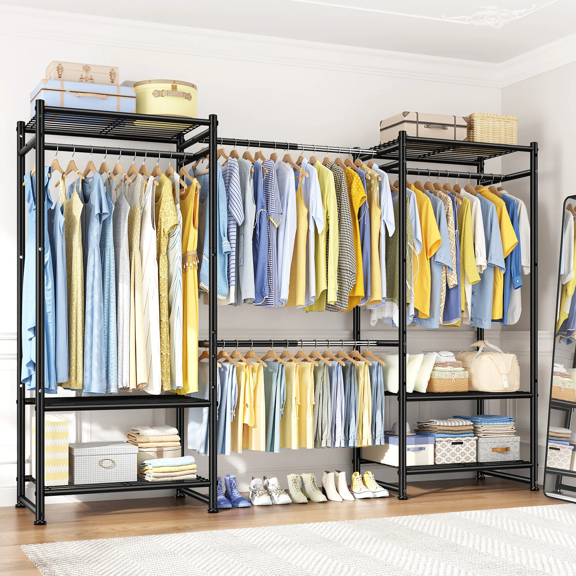 Raybee Adjustable Heavy Duty Clothes Rack, Weight Capacity 1200 LBS, Expandable Open Wardrobe Closet System with Adjustable Hanging Rods and Storage Shelves, Metal Clothing Garment Rack for Bedroom, Apartment and Small Spaces