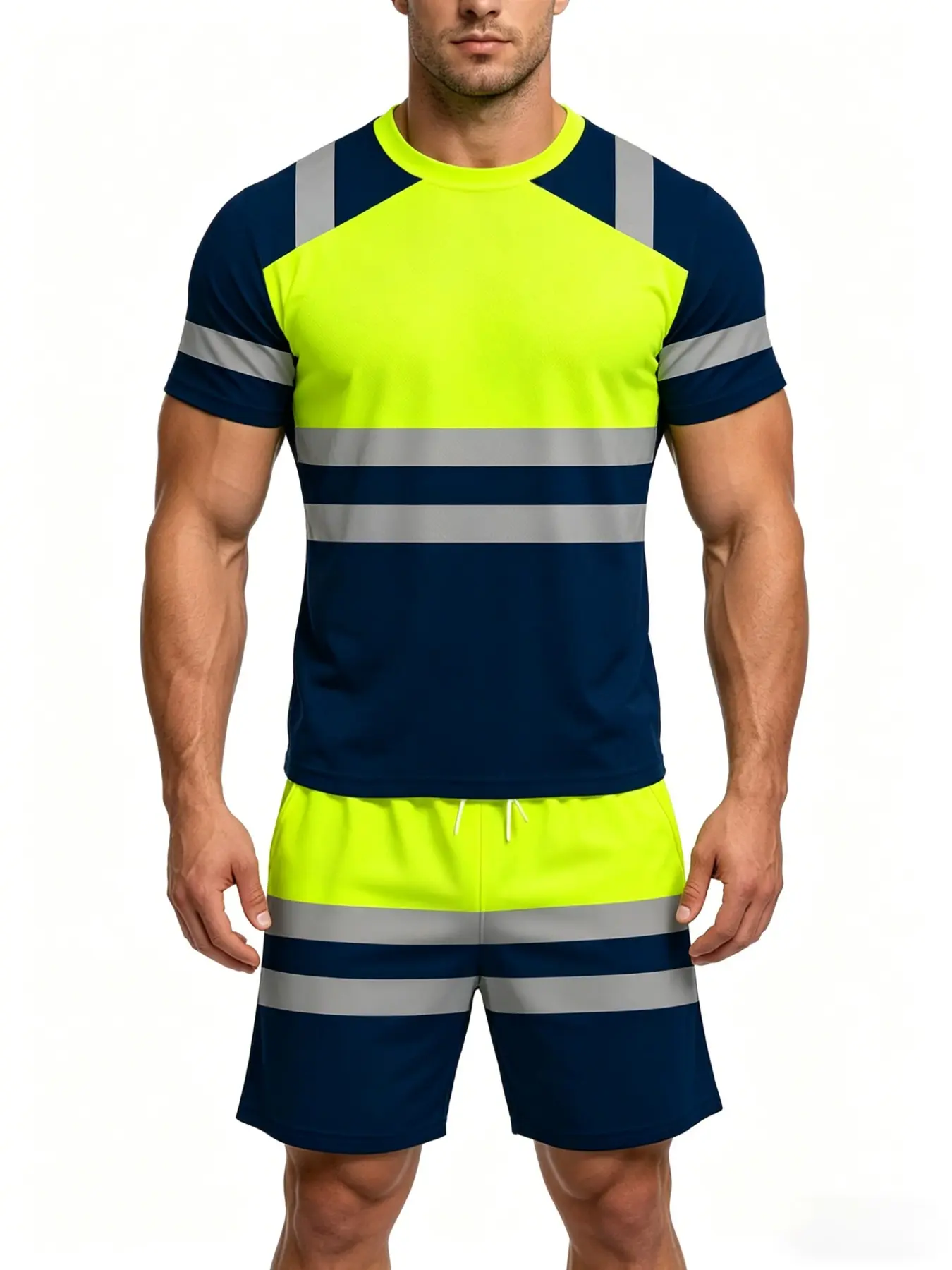 Men's Fluorescent Reflective Safety Outdoor Workwear Set, Menswear Summer Short Sleeve Striped T-Shirt and Shorts, Casual Loose Fit, Pockets and Drawstring Waist