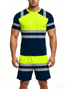 Men's Fluorescent Reflective Safety Workwear Set, Menswear Summer Short Sleeve Striped T-Shirt and Shorts, Casual Loose Fit, Pockets and Drawstring Waist
