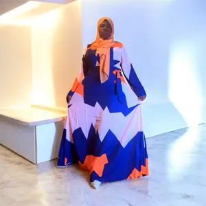 Zahira Wave Abaya Muslim Modesty for Modest Women - Blue & Orange Geometric Print Abaya with Bow Detail