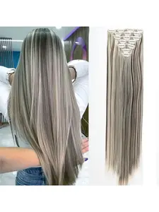 7pcs Set 24" Ombre Clip-In Hair Synthetic Hair Extensions- 140g Natural Look, Soft Synthetic Fiber for Women
