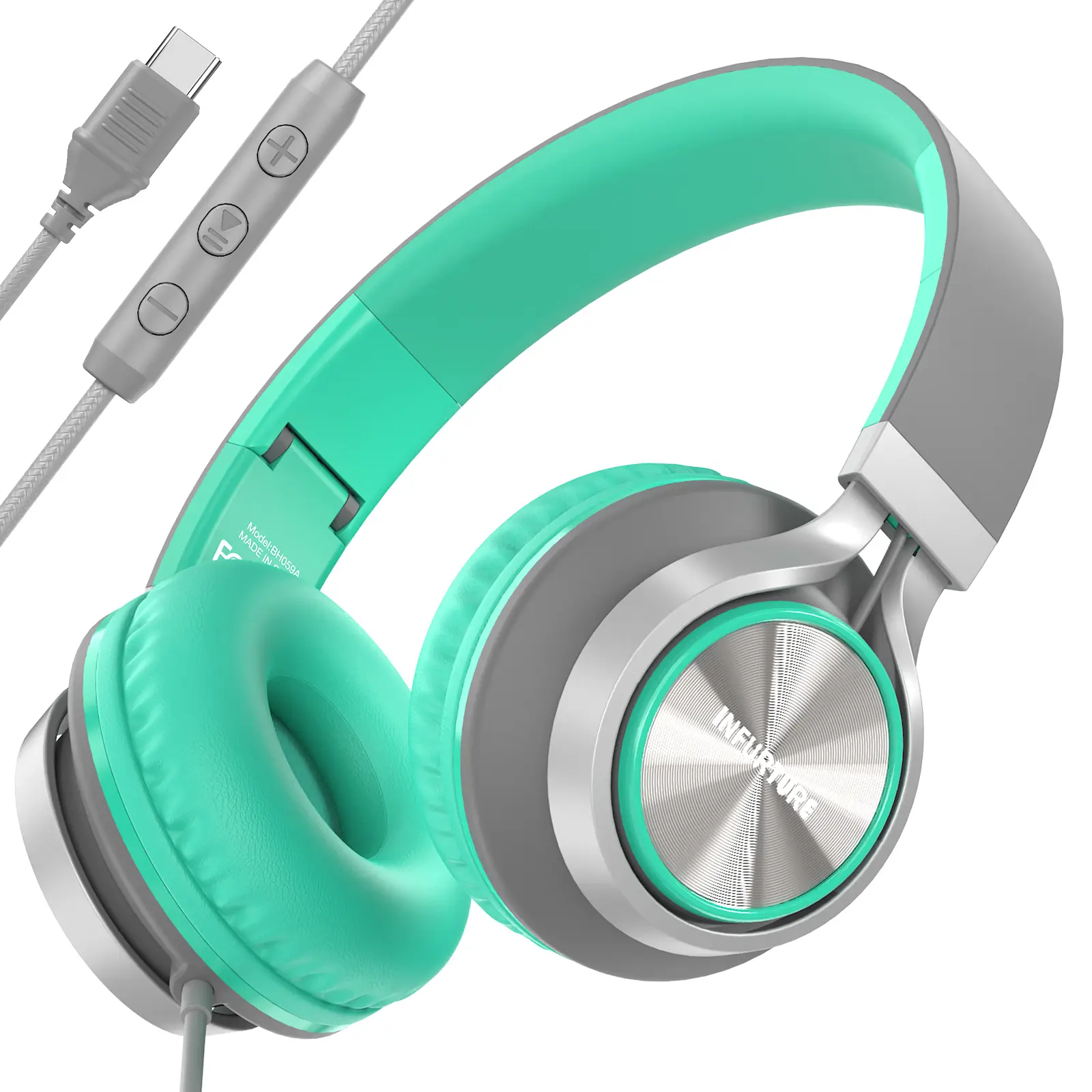 INFURTURE USB C(Type C) Wired Headphones with Mic & Volume Control, Tangle-Free Plaiting Line, Over/On-Ear Headphones, Lightweight Foldable for Smartphone, Tablet,iPhone 16/15 Series