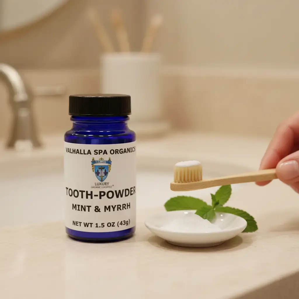 Valhalla Spa Organics Peppermint Tooth Powder, 0-Waste Fluoride-Free Natural Blend, Gentle Enamel Brightener for Teeth Whitening