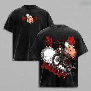 Grunge Graphic Album T-Shirt,Pochita Chainsaw Man T-Shirt – Vintage Washed Oversized Heavy Cotton Anime Manga Tee, WOOF Cute Dog Chainsaw Devil Retro Streetwear Graphic Top Gift for Fans Made To Order Tshirt Menswear