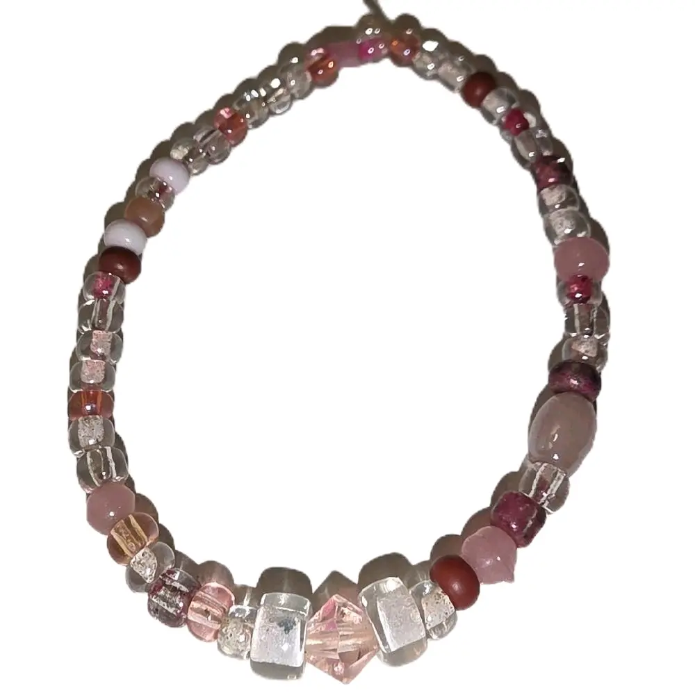 Handmade Pink, Clear and Maroon Beaded Stretch Bracelet