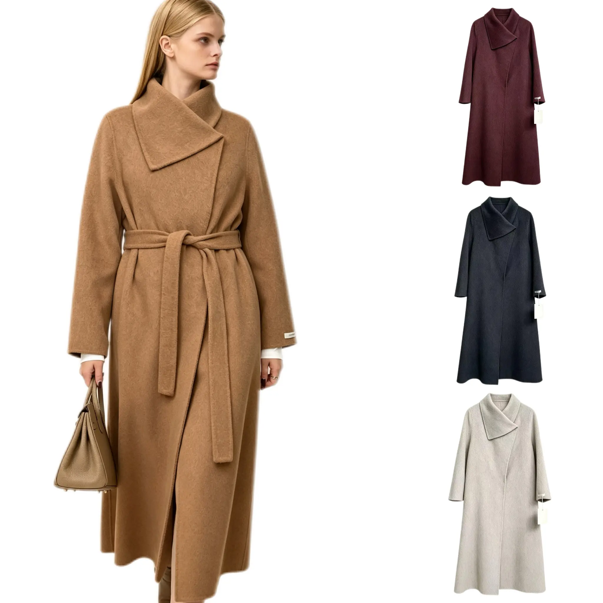 Women's 100% Pure Wool Asymmetric Collar Belted Long Wrap Coat - Mid-Long Overcoat for Autumn, Winter