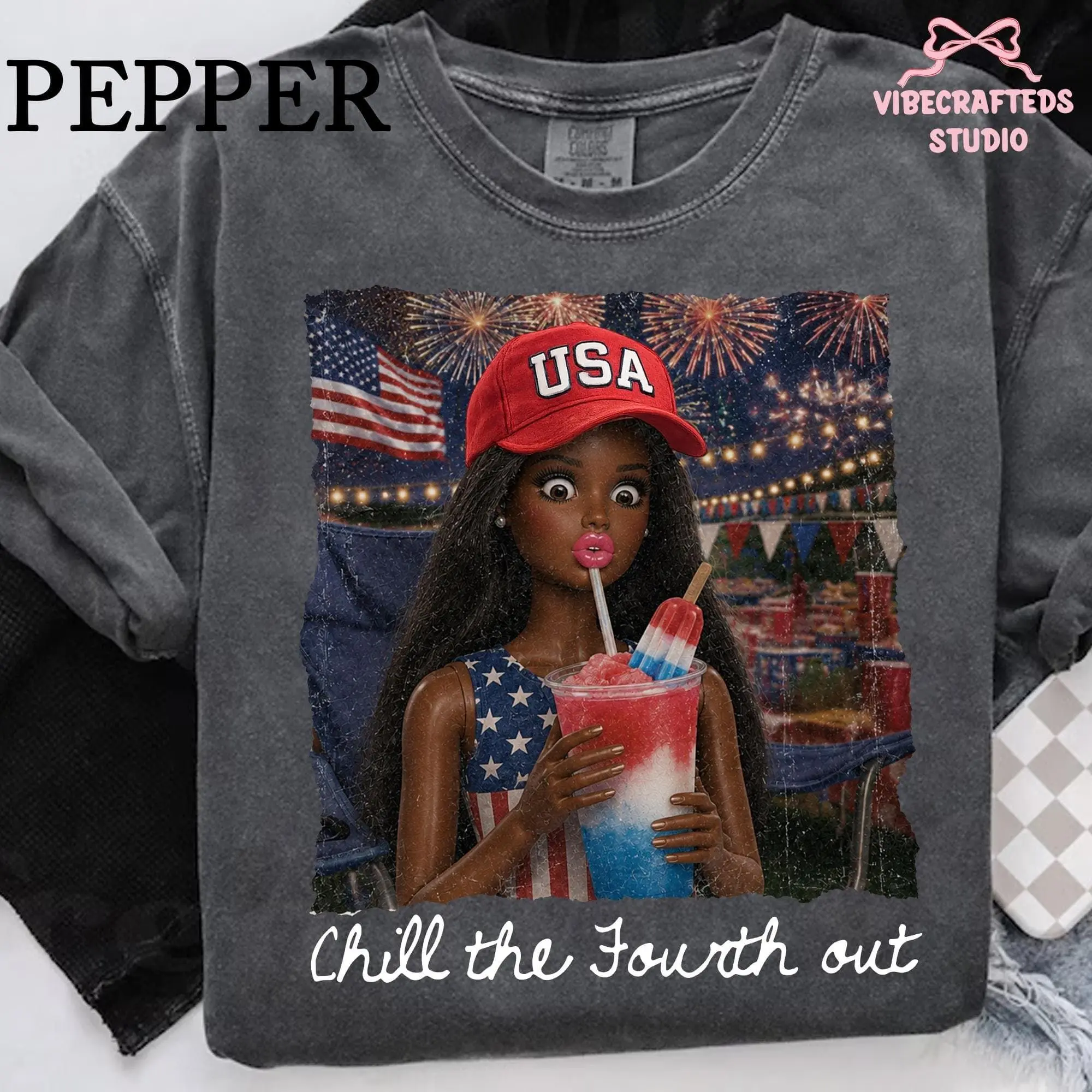 Comfort Colors Meme Black Barbie 4th Of July Drinking Slushie Shirt, Chill The Fourth Out Patriotic Comfort Colors Tee, Funny America Fireworks Girl Shirt