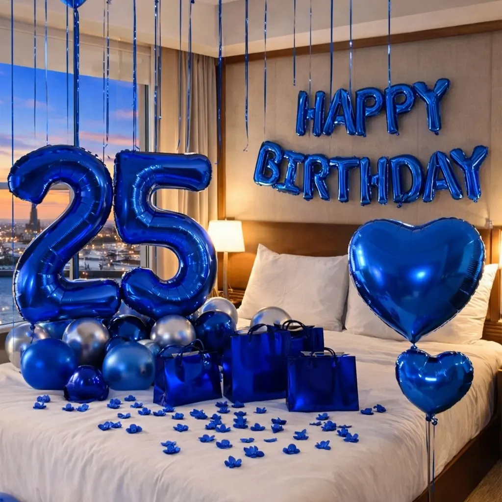 Blue Happy Birthday Balloon Decoration Set, Foil Letter Balloons and Heart Balloons for Bedroom, Hotel Room Surprise, Party Backdrop and Birthday Celebration Decor
