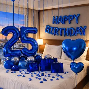 Blue Happy Birthday Balloon Decoration Set, Foil Letter Balloons and Heart Balloons for Bedroom, Hotel Room Surprise, Party Backdrop and Birthday Celebration Decor
