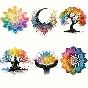 6-Piece Lotus Natural Wind Theme Iron-On Stickers, Multicolor Vinyl Heat Transfer Patches, DIY Clothing & Backpack Decorations