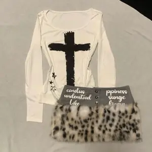 Retro Babe 2-Piece Set Cross-Print Crewneck Tee & Low-Rise Bodycon Skirt Vintage Sexy Style Long Sleeve Womenswear