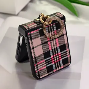 Luxury Color Block Faux Leather Protective Cover with an Artificial Diamond Plated Ring Finger Buckle for Samsung for Galaxy Folding Mobile Phone Z Flip 7, Z Flip 7 FE, Z Flip 6, Z Flip 5, Z Flip 4, Z Flip 3 5G Protective Case Accessories