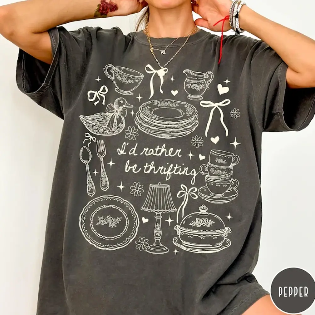 Thrift Lover Shirt, Cute Vintage Tees, 'I'd Rather Be Thrifting' Graphic Tee, Retro Thrift Store Shirt, Boho Chic T-Shirt, Funny Thrifting Quote Shirt, Gift for Thrift Enthusiasts