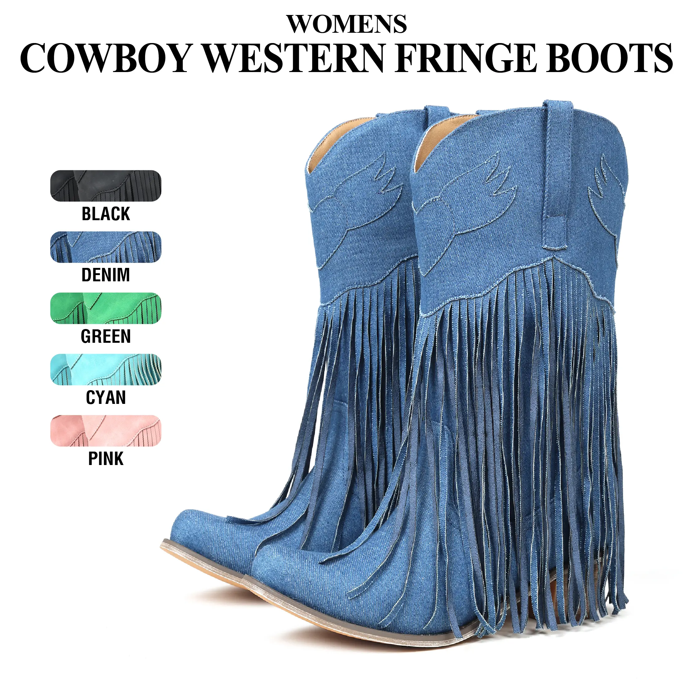 CYNLLIO Womens Mid Calf  Embroidery Fringe Cowboy Boots Pointed Toe Chunky Block Heel Pull On Comfy Fashionable Party Concert Holoiday Outings Dress Summer Western Cowgirl Boot
