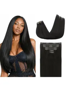 Clip in Human Hair Extensions, Human Hair Pieces, 100g 8pcs Glueless Silky Straight 18 Inch Hair Extensions Natural Black 100% Real Human Hair Clip in Hair Extensions with Soft PU Skin Weft for Women