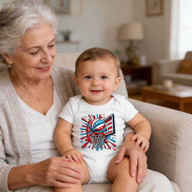 Soft Baby Bodysuit American Flag Basketball Graphic 100% Pure Cotton Non-Irritating Snap Closure Breathable Stretchy Great For Sleep & Play
