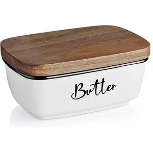Butter Dish with Lid Large Ceramic Butter Keeper for Countertop with Thick Acacia Wood Lid White Porcelain Farmhouse Style Kitchen Decor & Accessories for Gifts