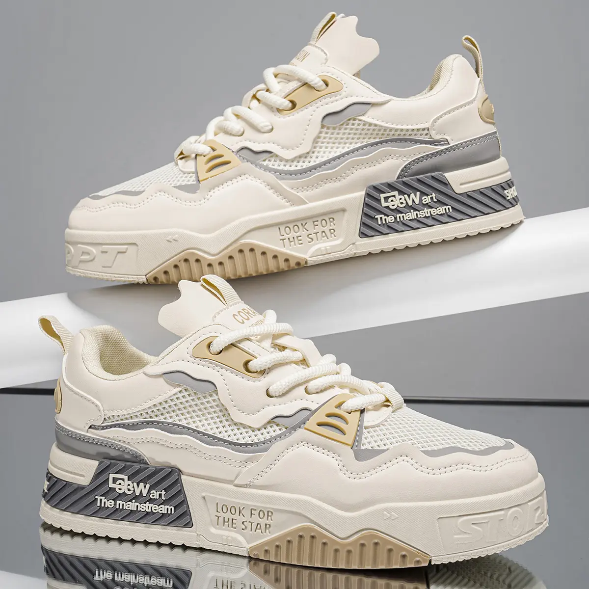 Trendy Height Boost Casual Skate Sneakers Hollow Breathable Mesh For Hot Weather Thick Cushioned Midsole Delivers Cloud-Like Softness Stylish Multi-Layer Color Block Silhouette Two Versatile Neutral Tones Fit All Wardrobes Suitable For School Work Outdoor