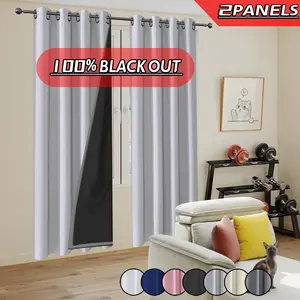 2 pieces of 100% full blackout curtains, Privacy Grommet Curtains, made of laminated technology, polyester material, perforated hanging method, sun protection, privacy protection, heat insulation, noise reduction, home decor
