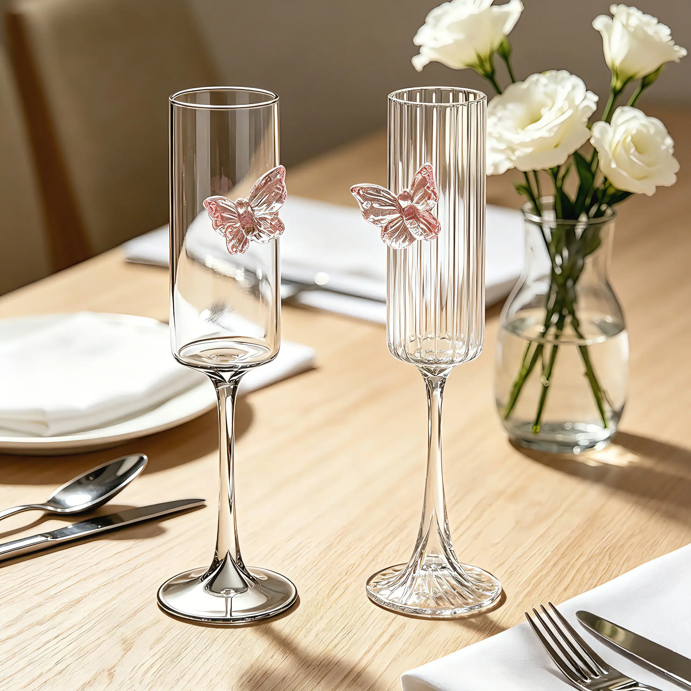 Elegant 3D Butterfly Thin Stem Long Glass High Borosilicate Heat-Resistant Striped Glossy Champagne Glass for Home Cocktail Parties Wedding Banquets Gift Aesthetic Drinkware Transparent