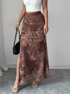 Women's Elegant Leopard Print Mesh High Waist A-Line Bottom Skirt, Elasticity Split Design, Fall Fashion Women's Clothing