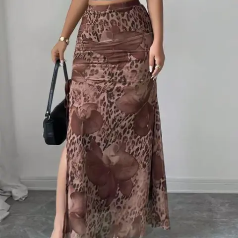 Women's Elegant Leopard Print Mesh High Waist A-Line Bottom Skirt, Elasticity Split Design, Fall Fashion Women's Clothing, Elegant Chic Skirt, Split Hem Skirt, Fall Skirts, Slim Fitting Skirt