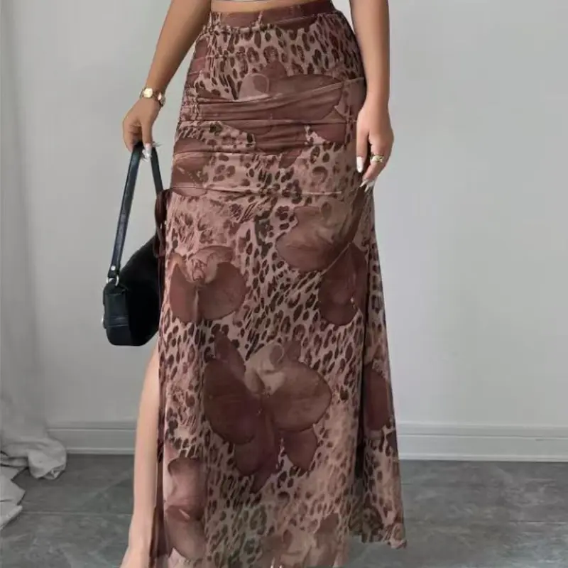 Women's Elegant Leopard Print Mesh High Waist A-Line Bottom Skirt, Elasticity Split Design, Fall Fashion Women's Clothing, Elegant Chic Skirt, Split Hem Skirt, Fall Skirts, Slim Fitting Skirt