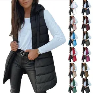 Tankaneo Women Long Vest Solid Color Sleeveless Hood Winter Puffer Vest Outwear