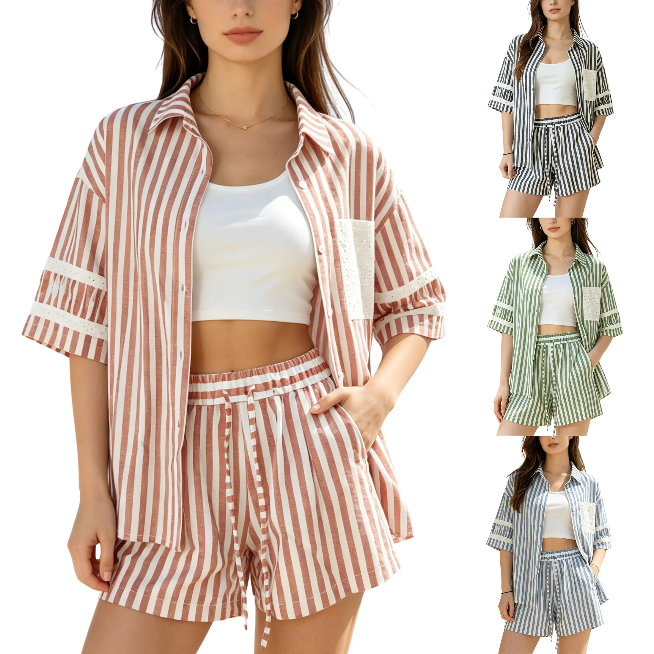 JovenPara Women's 2-Piece Chic Striped Rayon Blend Resort Wear Set - Casual Modest Loose-Fitting Short-Sleeve Lacy Collared Button-Down Blouse/Shirt & Drawstring Shorts with Buckle, Eyelet Lace, Easy Care, Party-Ready
