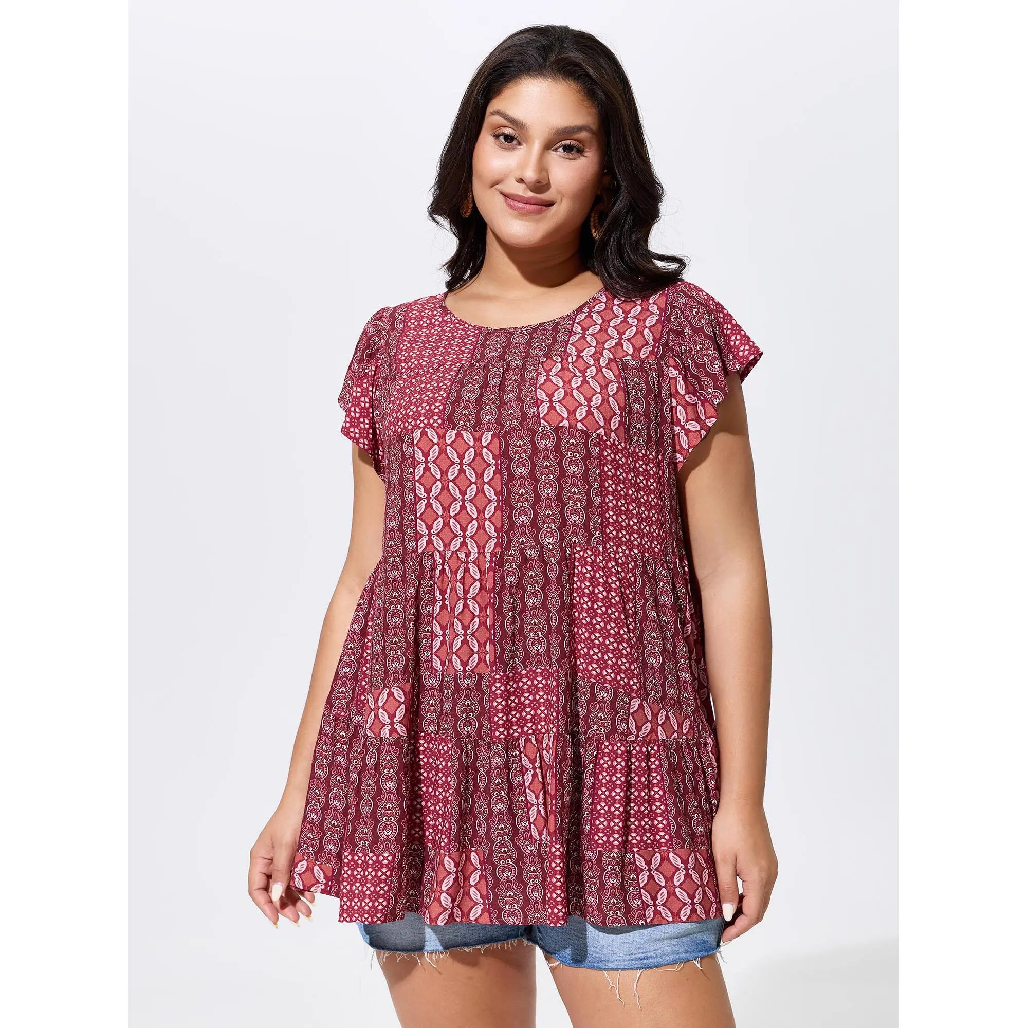 BloomChic Women's Plus Size Lady's Bohemian Ethnic Floral Print Blouse - Ruffle Cap Sleeves, V-Neck, Smooth Rayon Fabric, Women's Top Garment, Shirts, Machine Wash, Patchwork, Plus Size Tops