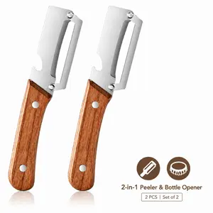 2-Piece Stainless Steel Vegetable Peeler Set, 2-In-1 Fruit and Veg Peeler, Wooden-Handled, Ideal for Potatoes, Carrots, Apples, Bottle Caps