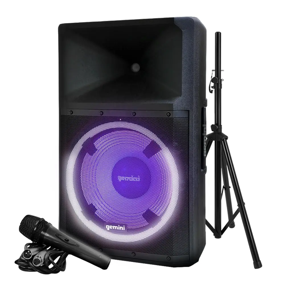 Gemini 15 2200W Bluetooth PA Speaker System - Portable Audio for Guitar,Karaoke - DJ Loudspeaker with Stand,Wired Mic,LED Lights,TWS Stereo Pairing,3-Channel Mixer,EQ Control,Smartphone Compatibility - AC Powered (GSP-L2200PK), Radio, Socket