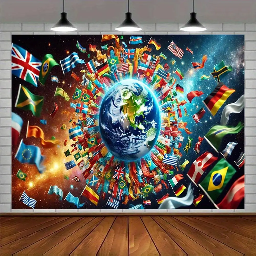1PC Polyester Reusable 2D Flat World Flags Surrounding Earth Wall Tapestry - International Festival Backdrop, Birthday Photography Background Cloth, Home & Event Party Decoration Items