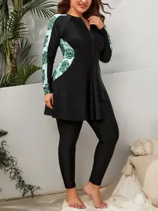 【Plus Size】 Leaf Print Mock Neck Swimsuit Set, Patchwork Print Long Sleeve Zipper Top & Skinny Pants Swimwear Set, Women's Two-piece Swimsuit Set for Summer, Modest Swimsuits, Modest Swimwear, Modest Fashion Swimsuit
