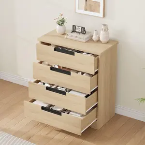 Chic dresser fitted with sleek embedded handles. 4 drawers offer tidy storage, ideal for multiple living spaces.
