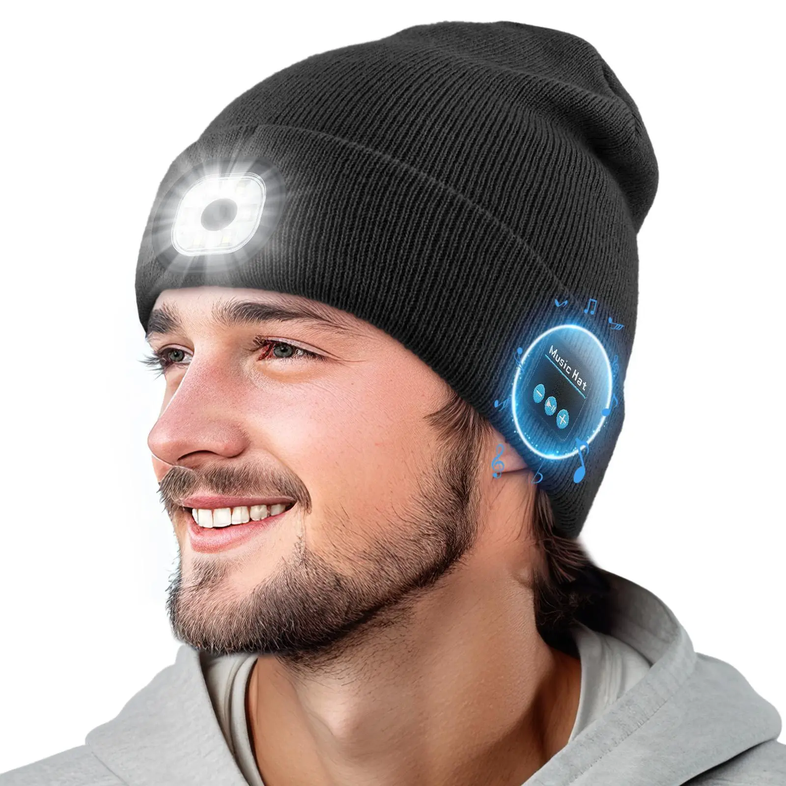Unisex USB C Rechargeable Bluetooth Audio Beanie with 4 LED m1-l1 Lights, Removable Speaker - Winter Warm Knit Skull Cap, Christmas Gift for Music Lovers - Ideal for Night Running, Outdoor Sports, M1-L1 (Light)