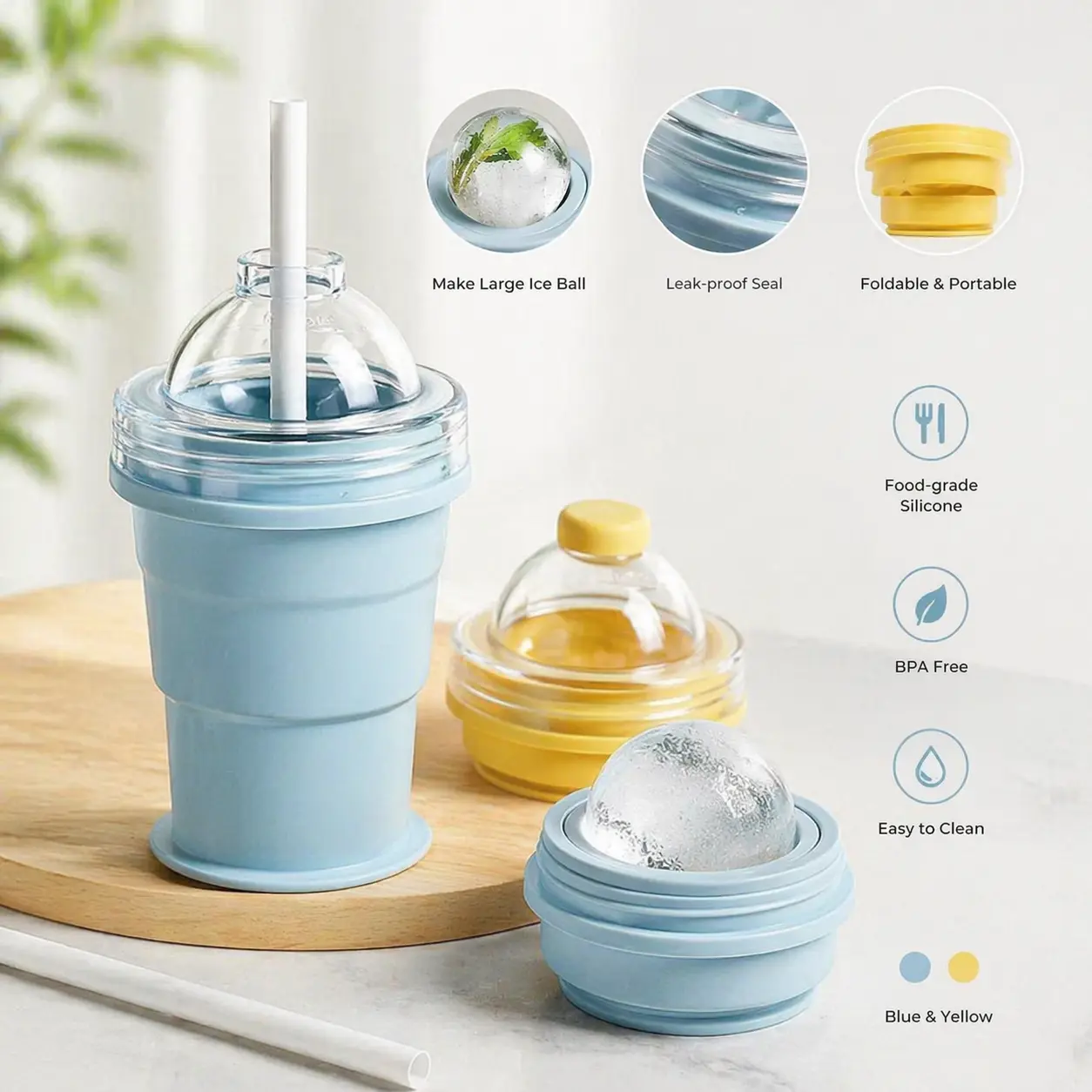 Portable Foldable Ice Cup Food-Grade Silicone Collapsible Cold Drink Cup with Reusable Straw Leakproof Lightweight Travel Mug for Outdoor Beach Camping Picnic - Bottle, Drinkware Drinking Tumbler Detachable