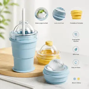 Portable Foldable Ice Cup Food-Grade Silicone Collapsible Cold Drink Cup with Reusable Straw Leakproof Lightweight Travel Mug for Outdoor Beach Camping Picnic - Bottle, Drinkware