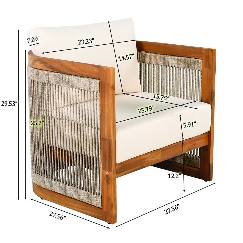 Premium Acacia Wood Outdoor Club Chair Curved Tub Design with Woven Rope Accents Water Resistant Cushions All Weather Slat Construction