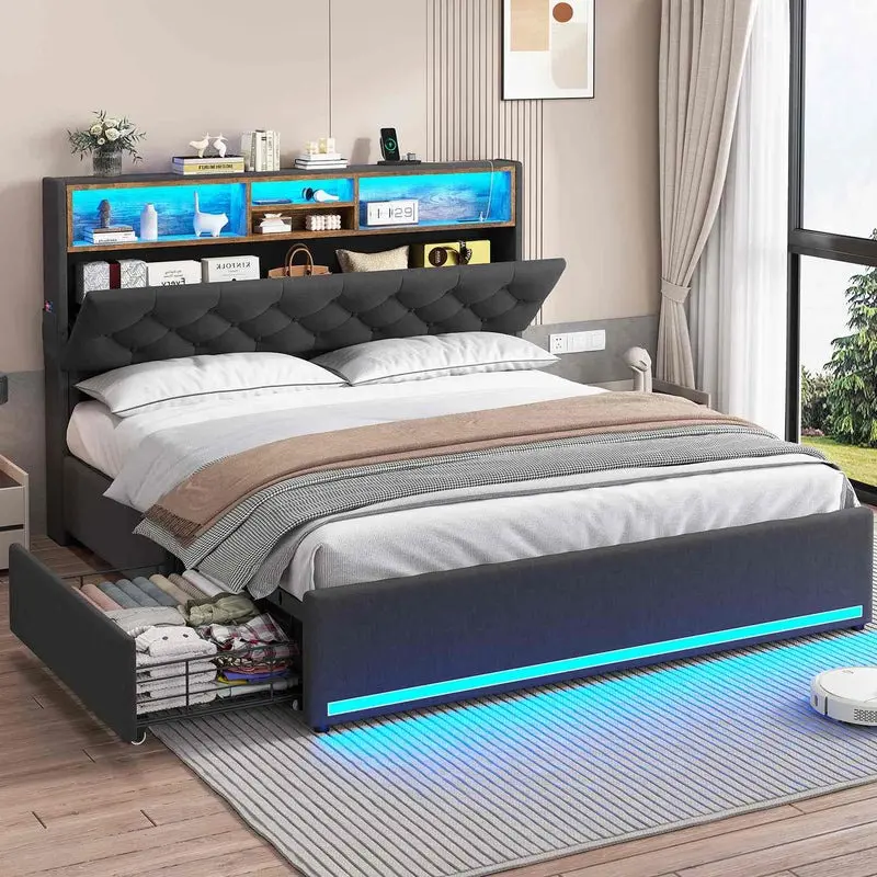 Sikaic Bed Frame with Hidden Storage Headboard and 4 Drawers, Upholstered Platform Bed with LED Lights & Charging Station, No Box Spring Needed, Noise-Free, Dark Grey Smart Lighting Summerwins