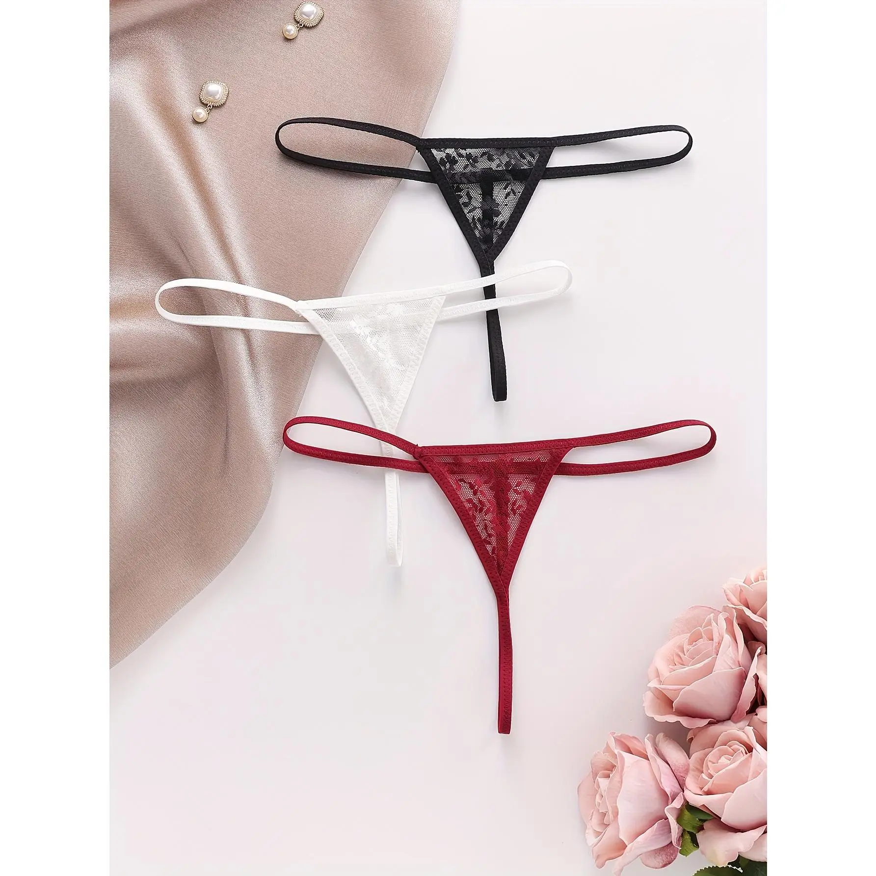 Women's  Thong Underwear Set 3pcs - Low-Rise Breathable Seamless Panties with Lace Trim, Non-Slip Soft Fabric, Solid Color (Black/White/Burgundy) - Comfortable Everyday & Special Occasion, Cute Underwear