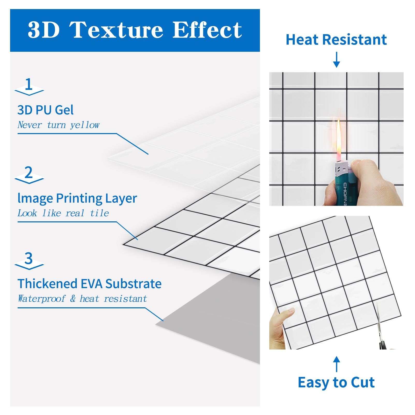 DEWOO Peel-and-Stick Wall Tiles — Grid Texture; White Tiles with Black Grout; Waterproof, Stain-Resistant, Scratch-Resistant, and Durable，Stick on Backsplash for Kitchenand Bathroom